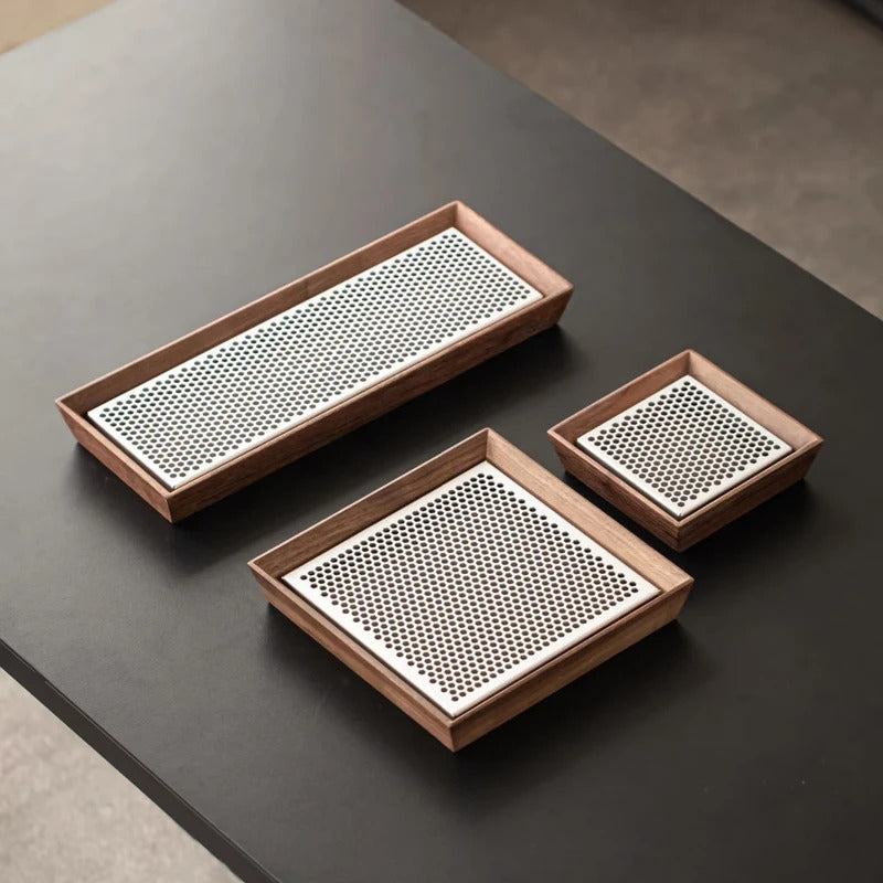 Premium Walnut Water-Catch Tea Tray, Solid Wood + Aluminum Alloy Base, 4 Sizes Available