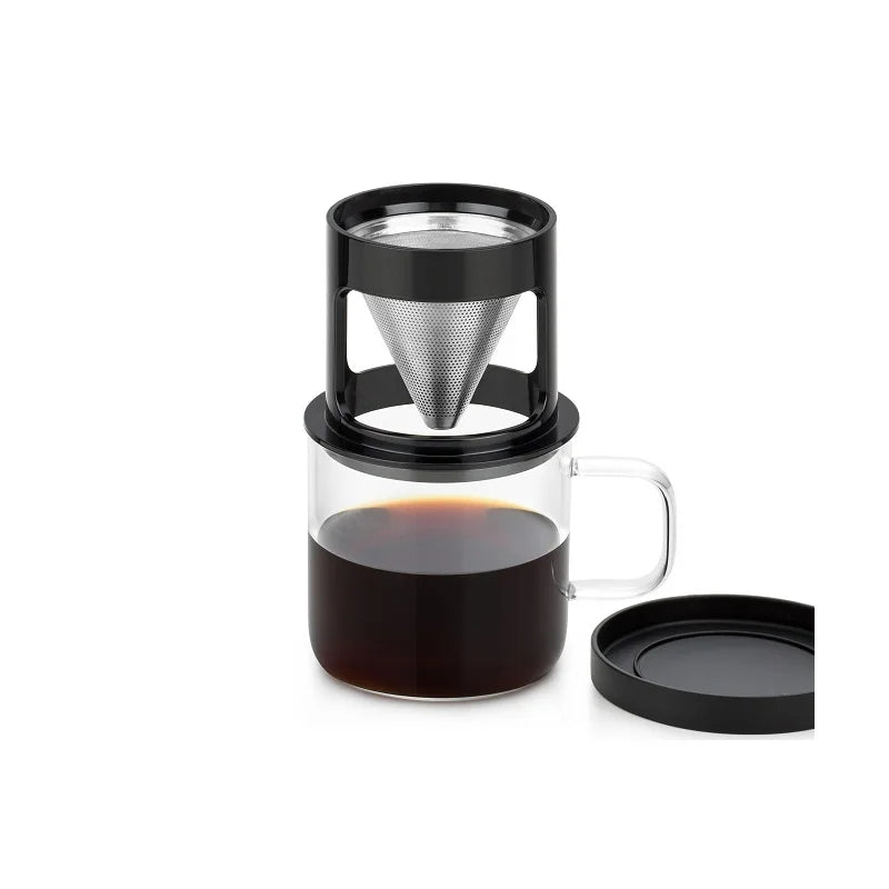 Portable Pour Over Stainless Steel Coffee Filter Cup - SAMADOYO Personal Coffee Mug with Glass Cup Stand
