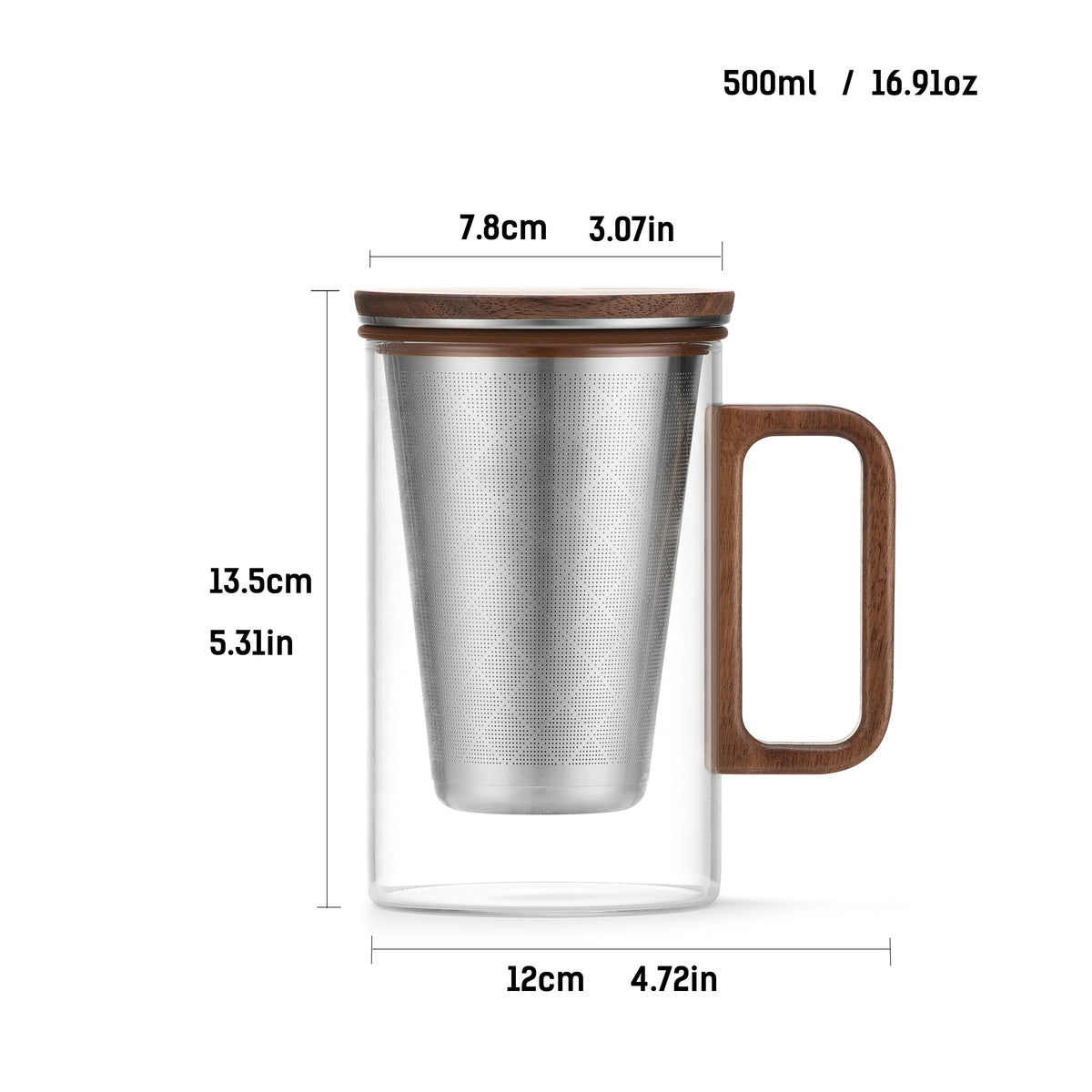 Bonston Heat-Resistant Glass Teapot Cup with 304 Stainless Steel Filter, Personal water cup, tea cup, Wood Accents - 500ml