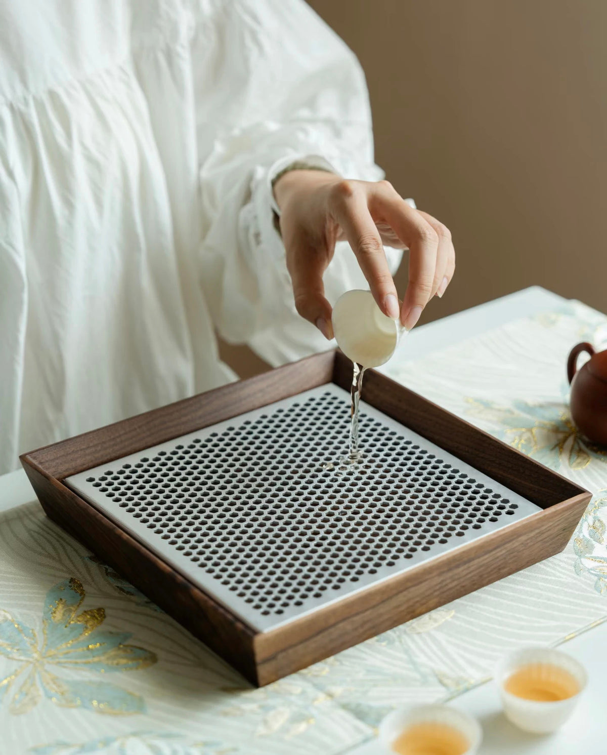 Premium Walnut Water-Catch Tea Tray, Solid Wood + Aluminum Alloy Base, 4 Sizes Available