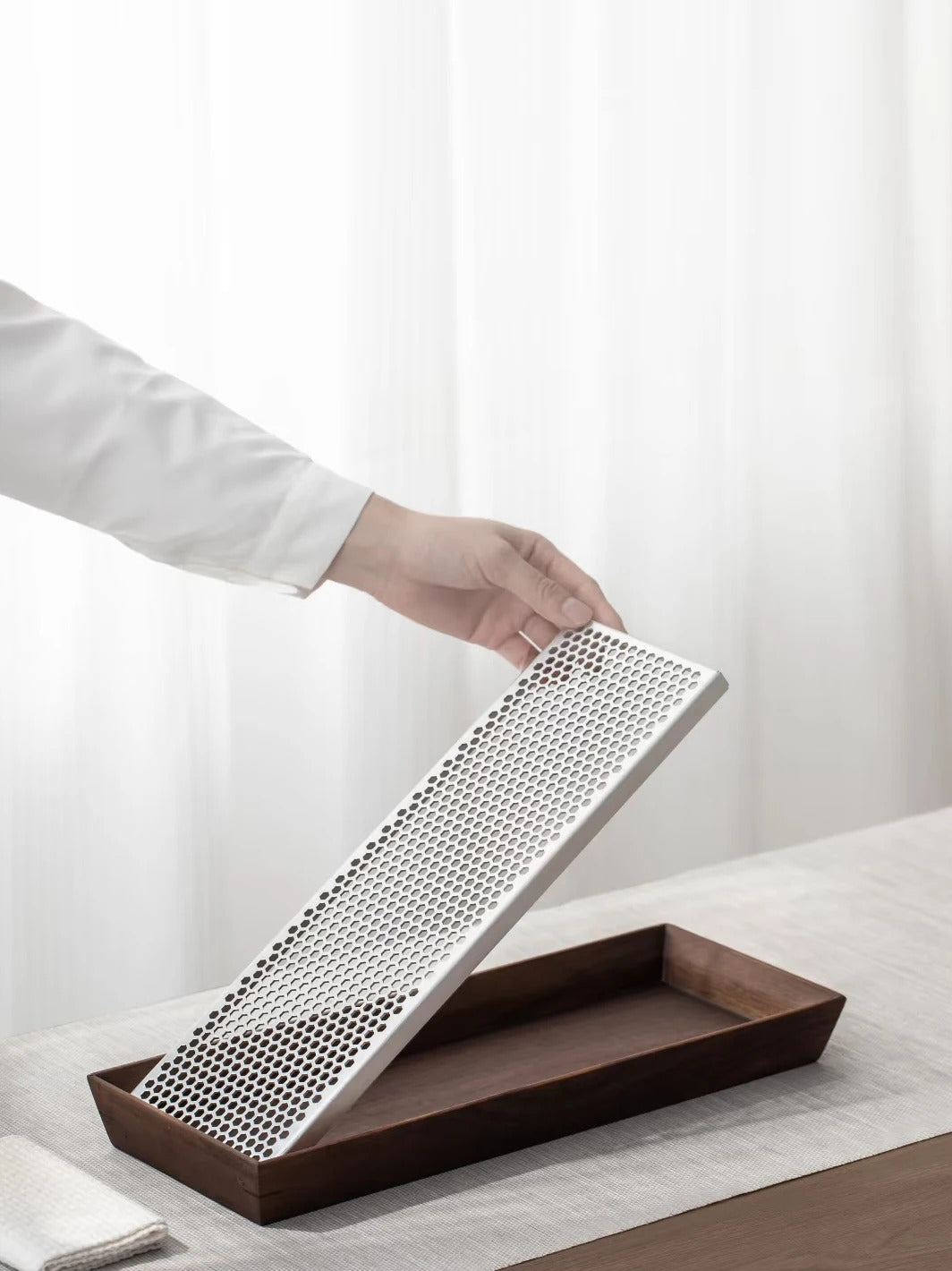 Premium Walnut Water-Catch Tea Tray, Solid Wood + Aluminum Alloy Base, 4 Sizes Available
