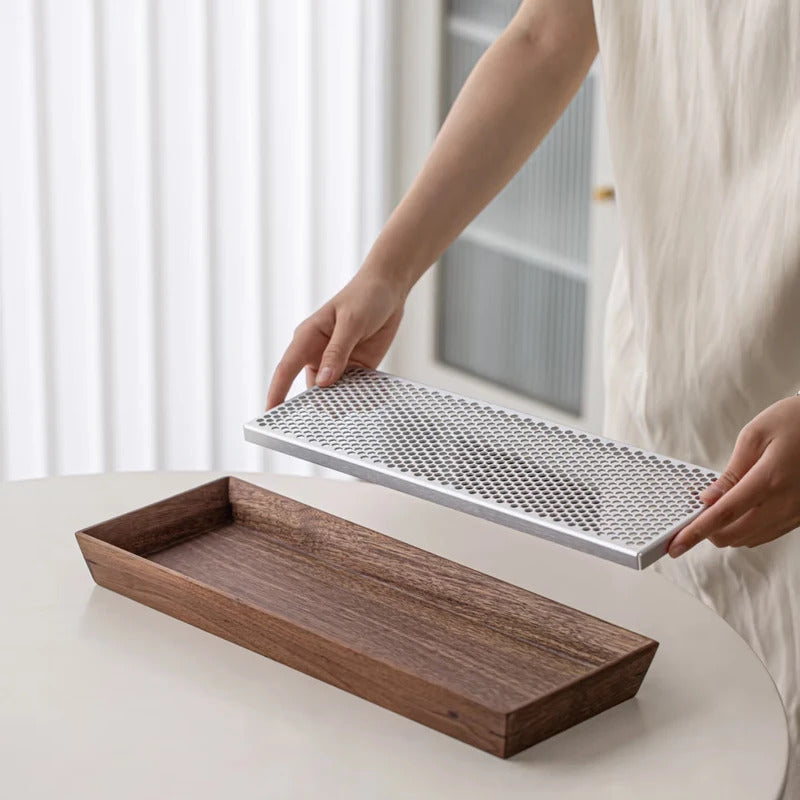 Premium Walnut Water-Catch Tea Tray, Solid Wood + Aluminum Alloy Base, 4 Sizes Available
