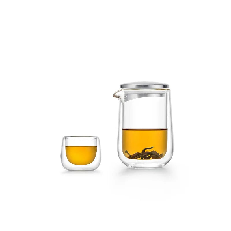 SAMADOYO Portable travel glass tea set with one pot, two cups, and a quick guest cup to brew tea at will