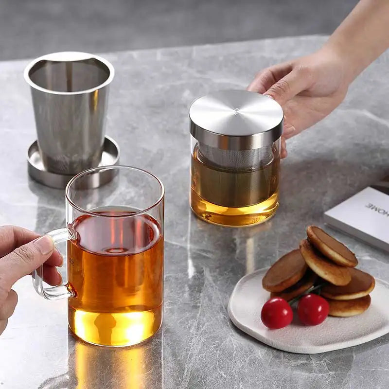 SAMADOYO Hitzebeständige Teetasse aus Glas, Tee-Wasser-Trennung, Edelstahlfilterung, Büro-Teetasse mit Deckel und Henkel