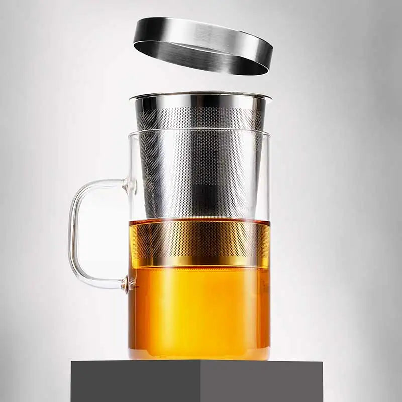 SAMADOYO Hitzebeständige Teetasse aus Glas, Tee-Wasser-Trennung, Edelstahlfilterung, Büro-Teetasse mit Deckel und Henkel