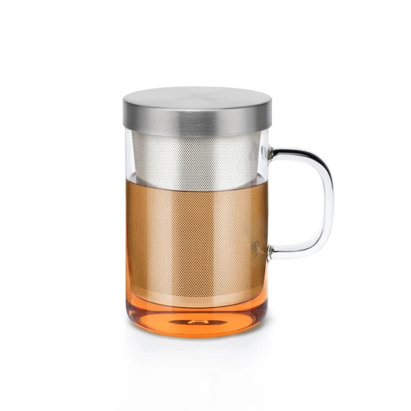 SAMADOYO Hitzebeständige Teetasse aus Glas, Tee-Wasser-Trennung, Edelstahlfilterung, Büro-Teetasse mit Deckel und Henkel