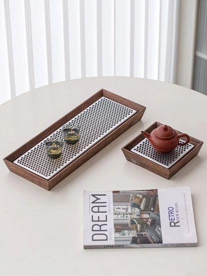 Premium Walnut Water-Catch Tea Tray, Solid Wood + Aluminum Alloy Base, 4 Sizes Available