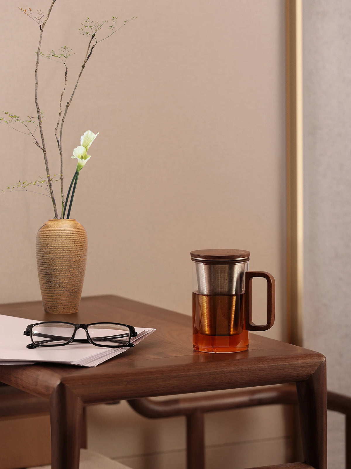 Bonston Heat-Resistant Glass Teapot Cup with 304 Stainless Steel Filter, Personal water cup, tea cup, Wood Accents - 500ml
