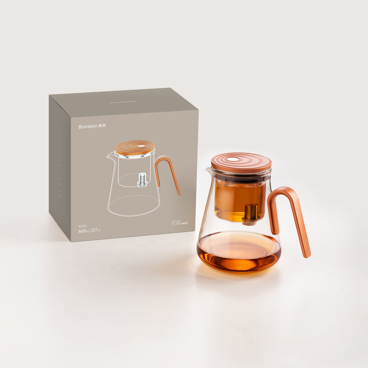 Magnetic Glass Teapot, Wood-Grain Lid, Gray or Orange, 27 oz