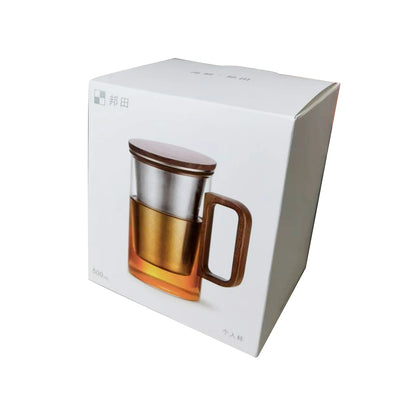 Bonston Heat-Resistant Glass Teapot Cup with 304 Stainless Steel Filter, Personal water cup, tea cup, Wood Accents - 500ml