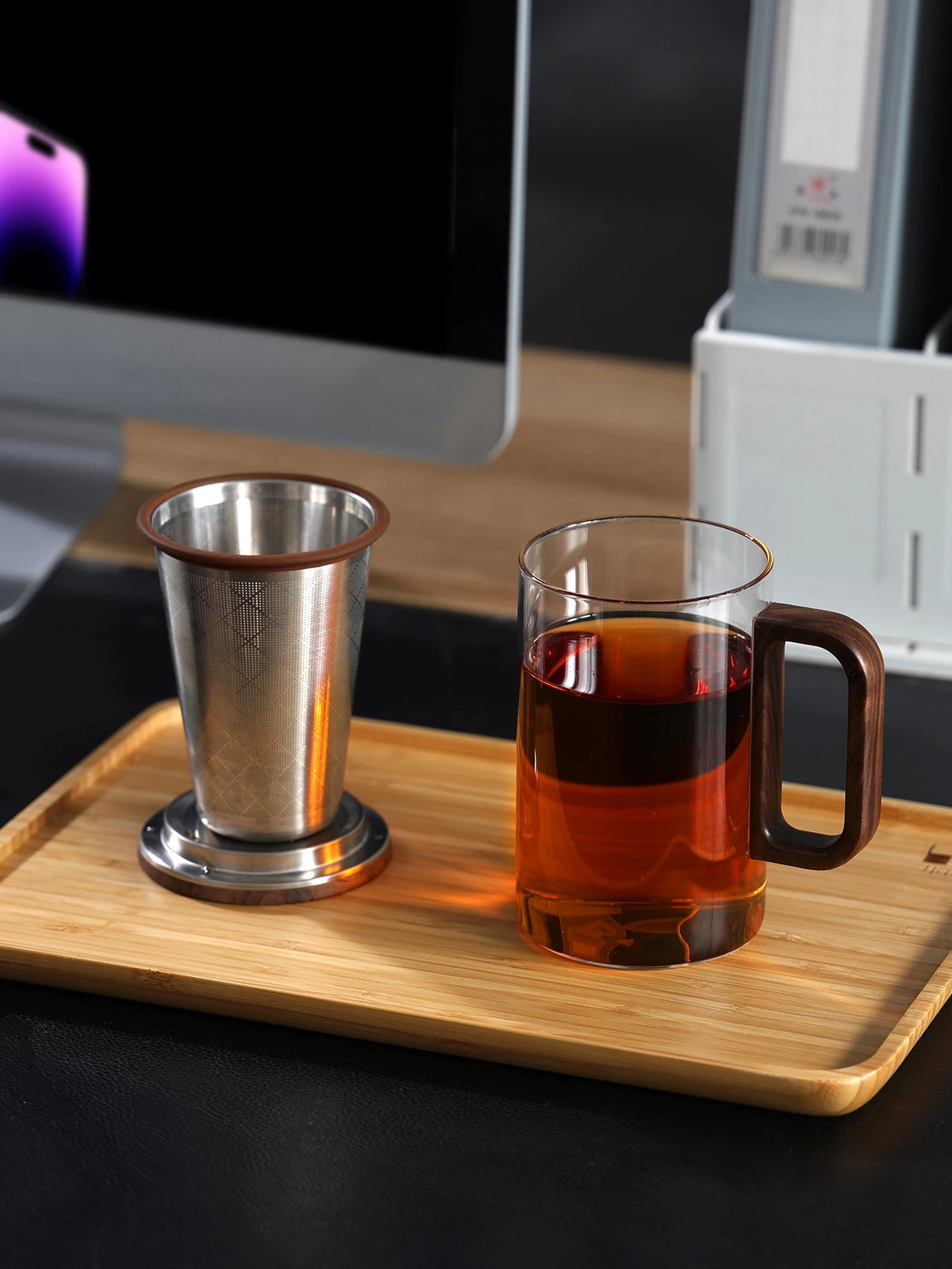 Bonston Heat-Resistant Glass Teapot Cup with 304 Stainless Steel Filter, Personal water cup, tea cup, Wood Accents - 500ml