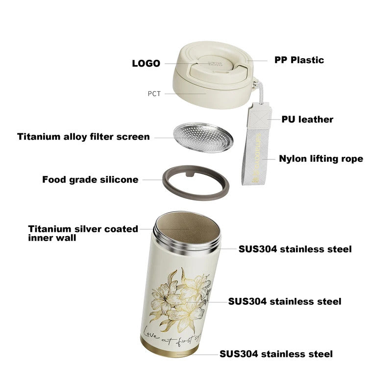 Samadoyo- Titanium silver coated inner wall, insulated cup, portable cup, coffee cup, tea cup with filter screen, 500ml