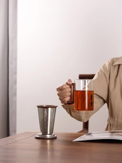 Bonston Heat-Resistant Glass Teapot Cup with 304 Stainless Steel Filter, Personal water cup, tea cup, Wood Accents - 500ml