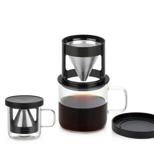 Tragbarer Pour-Over-Kaffeefilterbecher aus Edelstahl – SAMADOYO Persönlicher Kaffeebecher mit Glasbecherständer 