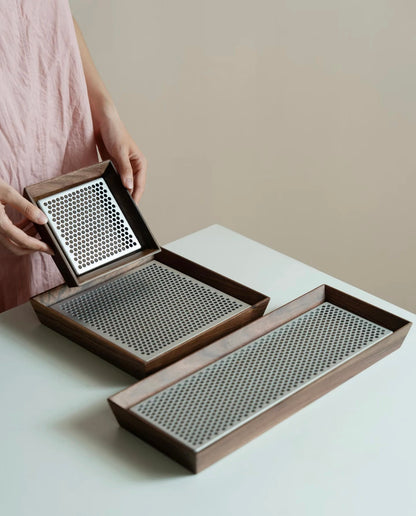 Premium Walnut Water-Catch Tea Tray, Solid Wood + Aluminum Alloy Base, 4 Sizes Available