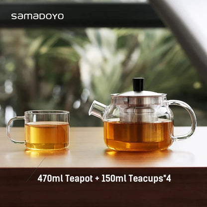 Samadoyo One Teapot & Four Cups Set, Heat-Resistant Glass Teapot Set, Loose Leaf Tea Infuser Teapot + Teacup Combination, 470ml