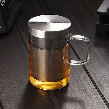 SAMADOYO Hitzebeständige Teetasse aus Glas, Tee-Wasser-Trennung, Edelstahlfilterung, Büro-Teetasse mit Deckel und Henkel 