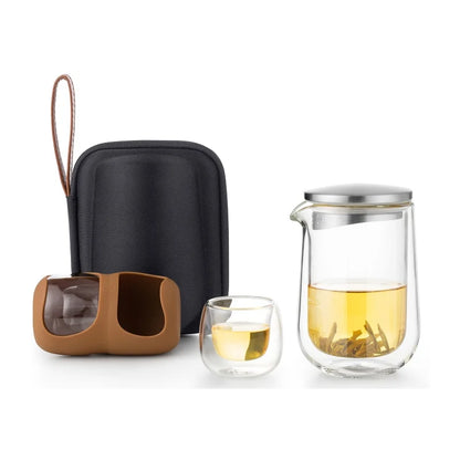 SAMADOYO Portable travel glass tea set with one pot, two cups, and a quick guest cup to brew tea at will
